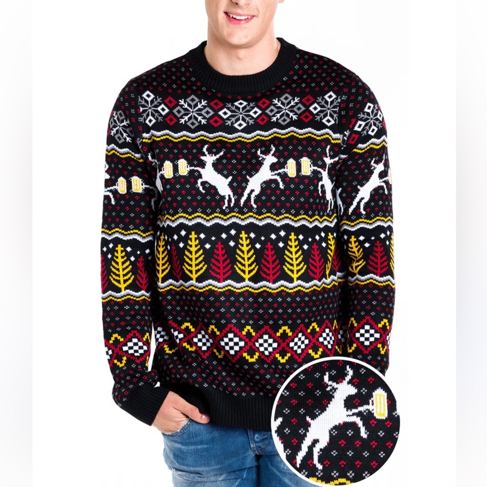 Tipsy Elves Black and Red Crewneck Sweater with Festive Patterns #291